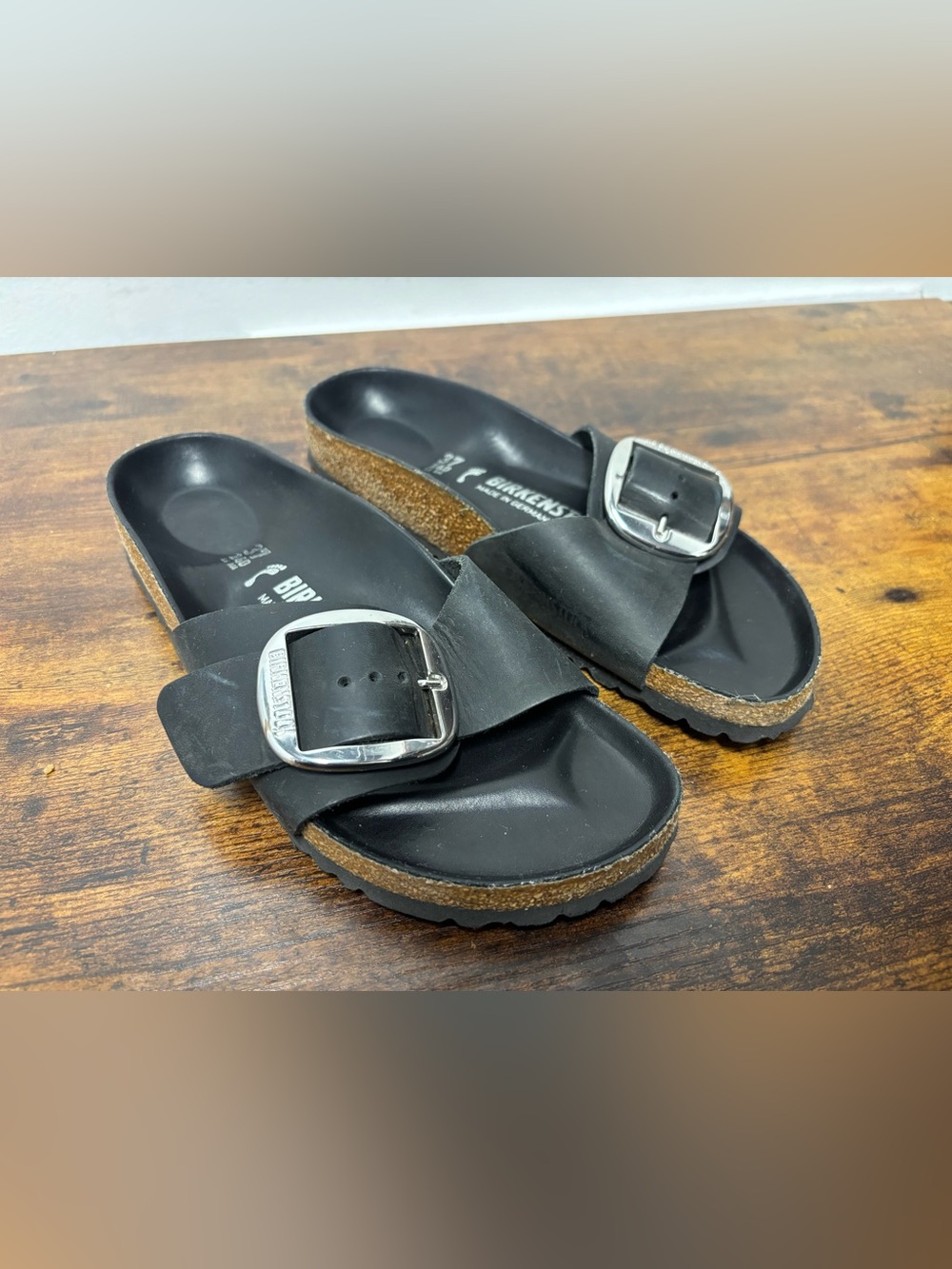 BIRKENSTOCK Madrid Black Leather Silver Big Buckle Sandals Women’s Size 6
